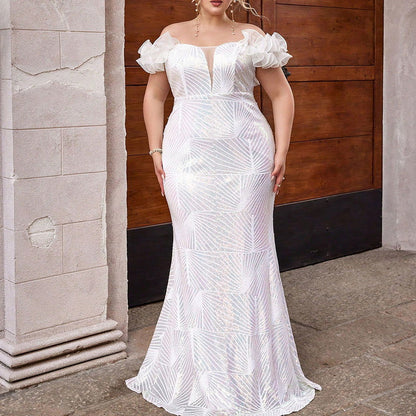 Plus Size Dress Puff Sleeve Sequin Stitching Cocktail Party Tube Top Dress