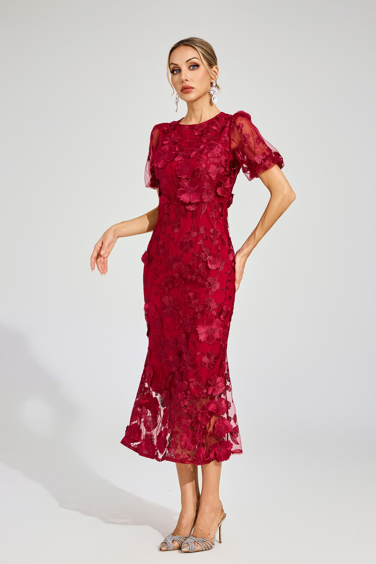 Quincy Red Flower Mesh Dress