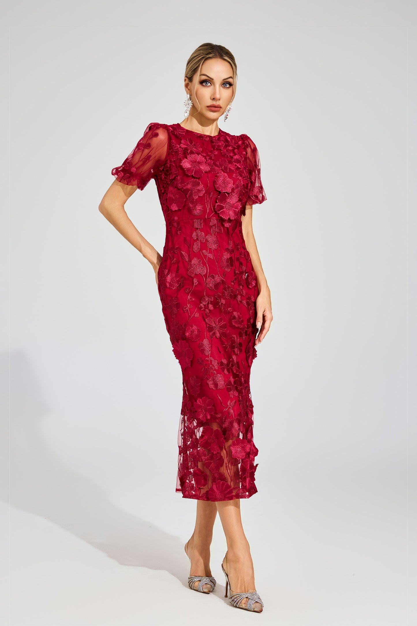 Quincy Red Flower Mesh Dress