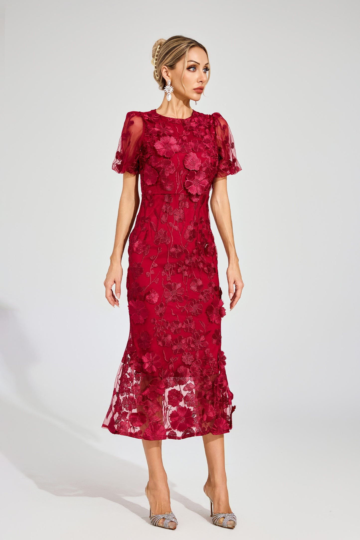 Quincy Red Flower Mesh Dress
