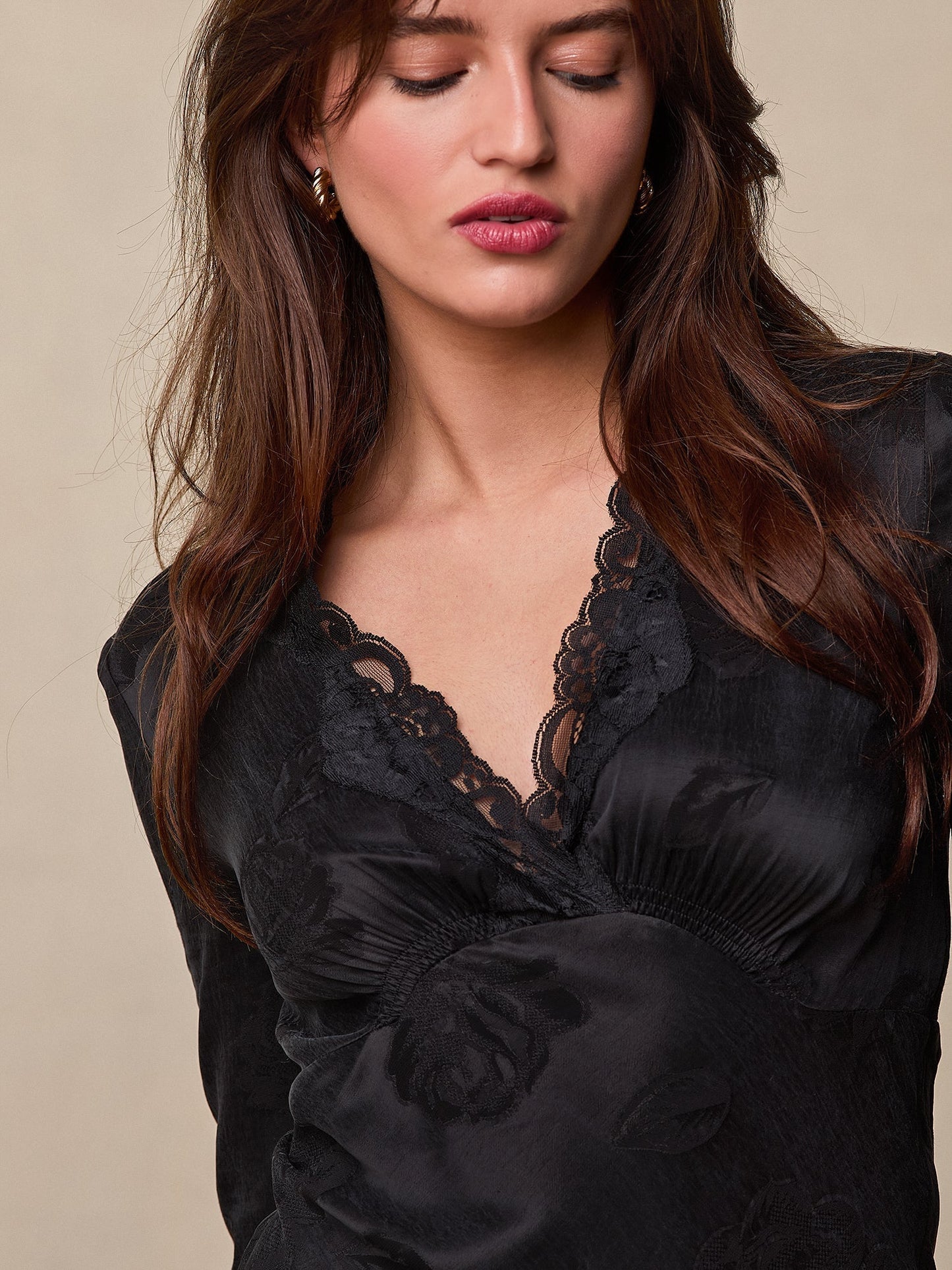 Satin Mini Dress | Lace V-Neck | Long Sleeves