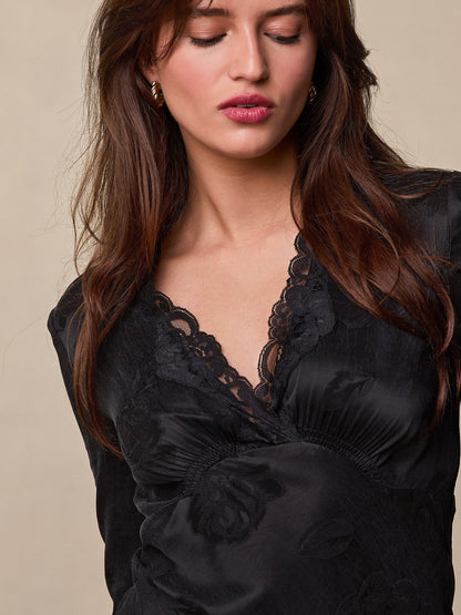 Satin Mini Dress | Lace V-Neck | Long Sleeves