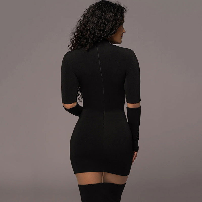 Round Neck Long Sleeved Design Stitching See through Maxi Dress Autumn