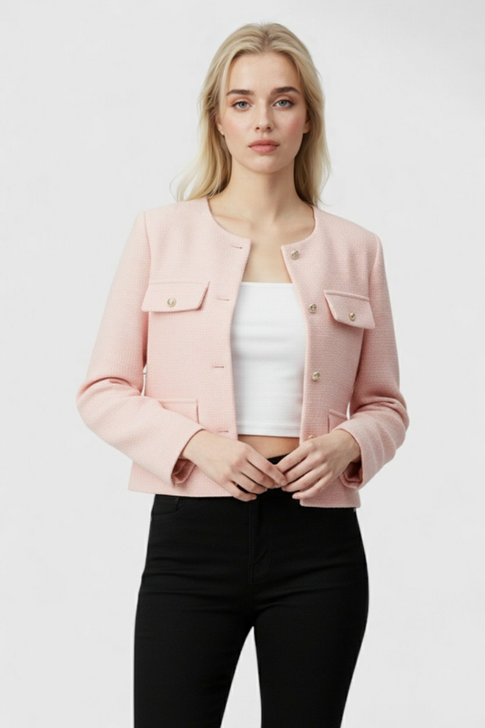 Textured Pocket Jacket | Round Neck, Gold-Tone Buttons