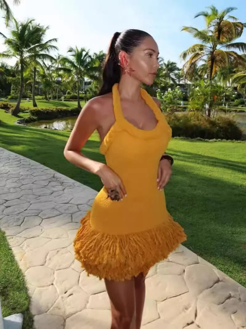 Fluff Patchwork Halter Mini Dress