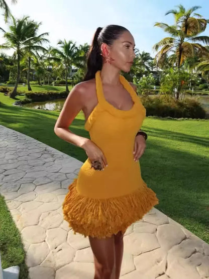 Fluff Patchwork Halter Mini Dress