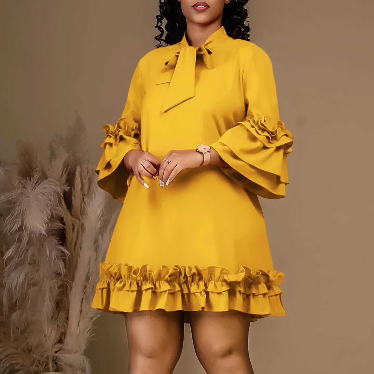 Women Solid Pleated Ruffles Hem High Neck Mini Dress