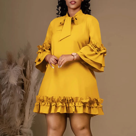 Women Solid Pleated Ruffles Hem High Neck Mini Dress