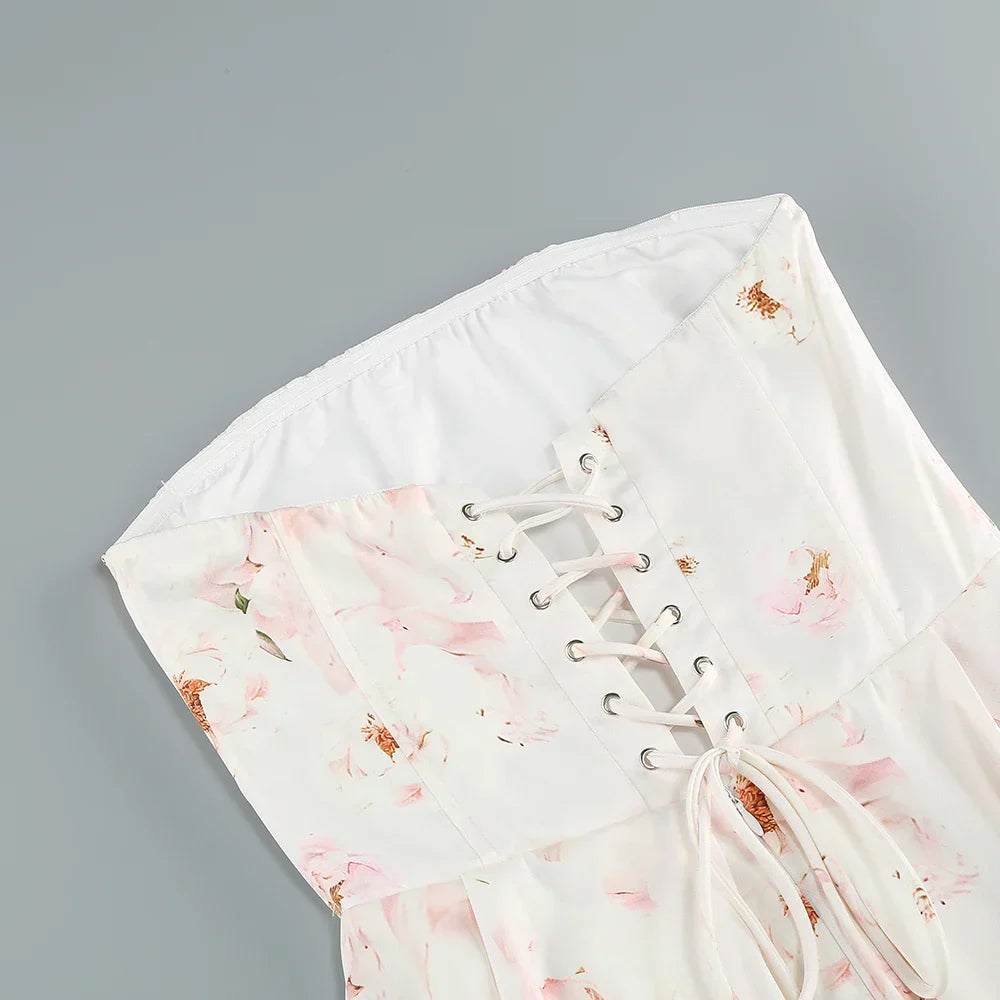 Floral printed strapless back tied rope dress