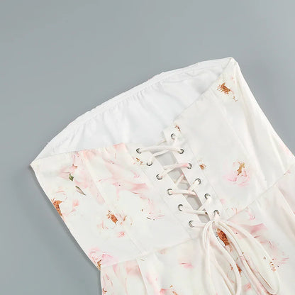 Floral printed strapless back tied rope dress