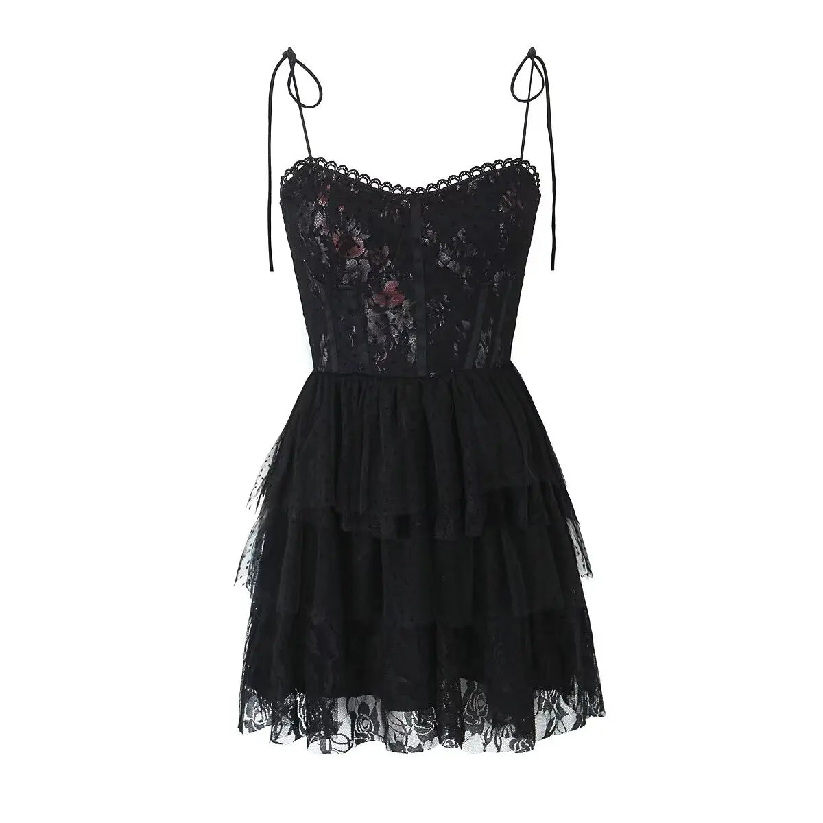 Mesh Bow Lacing up Black Mini Dress