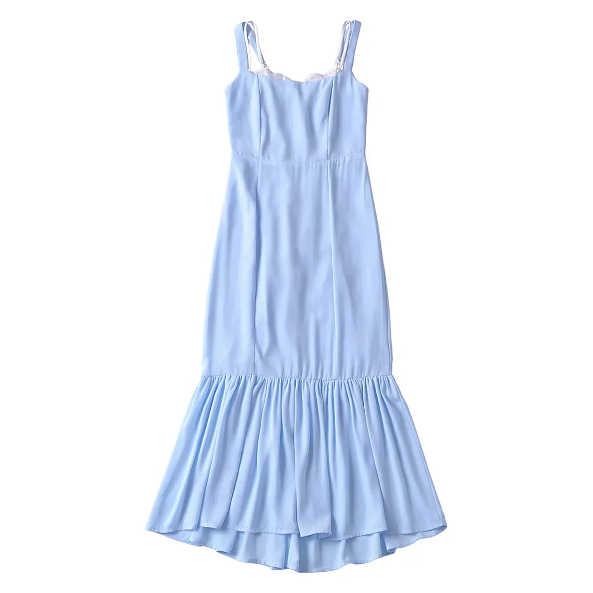 Light Blue Spliced Ruffles Hem Midi Dress