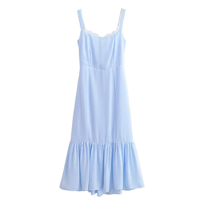 Light Blue Spliced Ruffles Hem Midi Dress