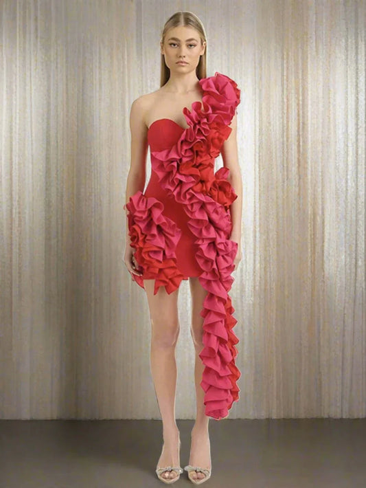 Solid Ruffles One Shoulder Strips Prom Mini Dress