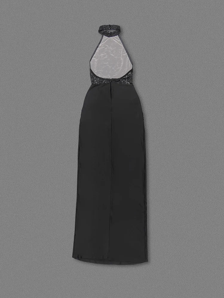 Halter Neck Lace Patchwork Black Maxi Dress