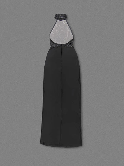 Halter Neck Lace Patchwork Black Maxi Dress