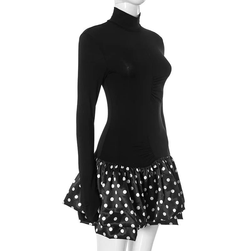 Turtleneck Patchwork Print Polka Dot Mini Dress