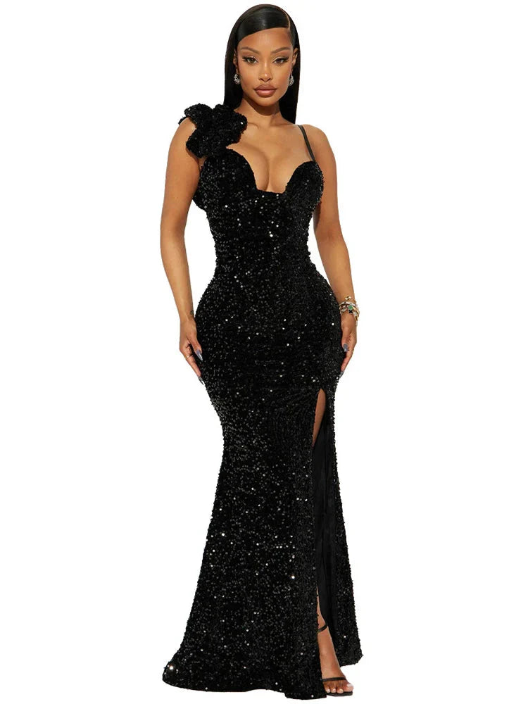 Slit Padded Sequin Strap Long Dress
