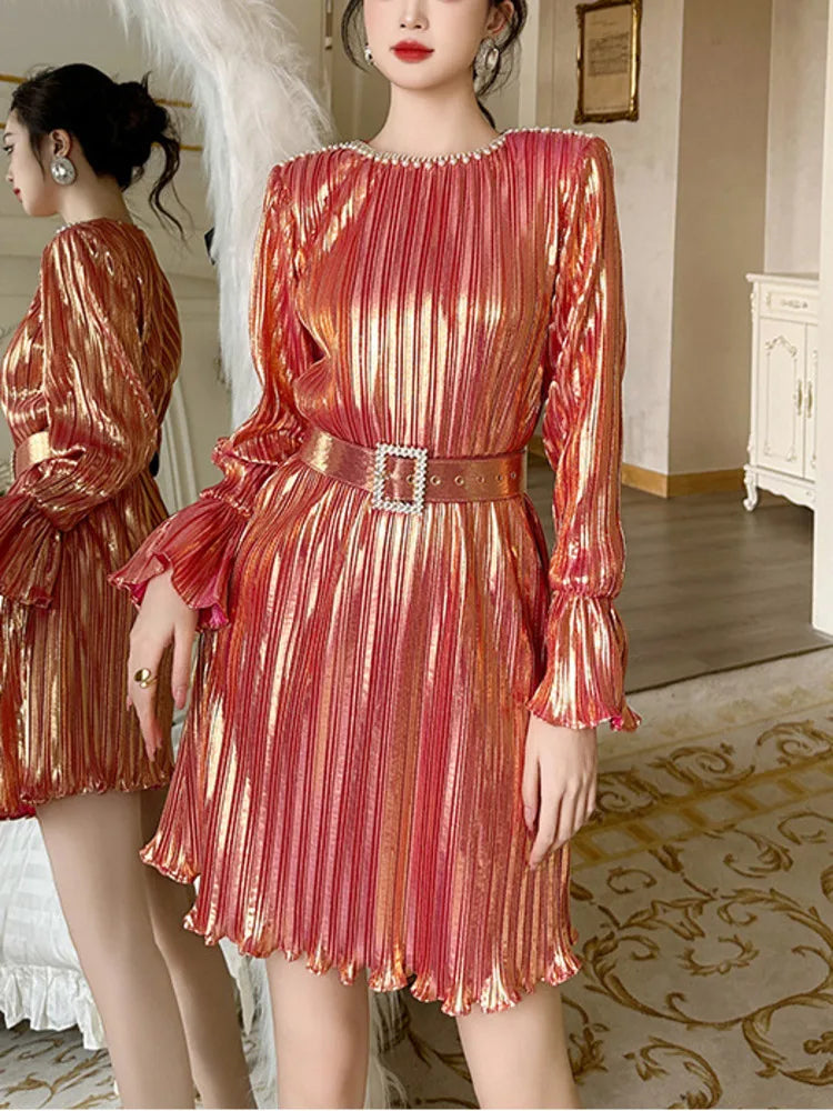 Metallic Copper Pleated Flare Belted Mini Dress