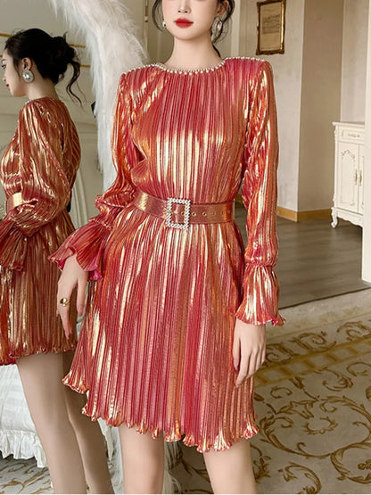 Metallic Copper Pleated Flare Belted Mini Dress