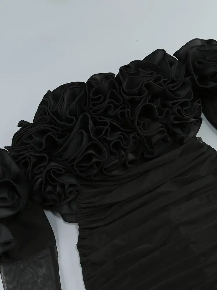 Black Mesh Full Sleeve Ruffles Mini Dress