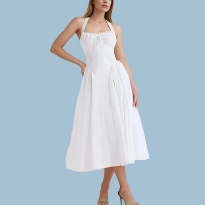 Corset Style Bow Halter Spliced Lace Midi Dress