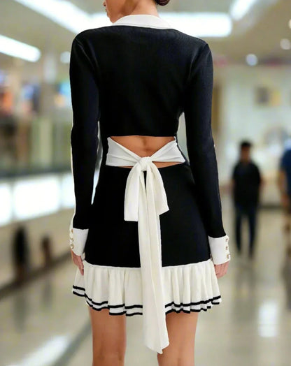 Ruffled Contrast Bow Open Back Lace-Up Knit Mini Dress