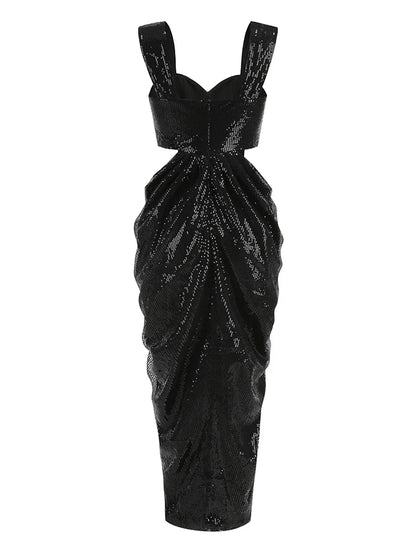 3D Flower Shiny Sequins Folds Long Dress