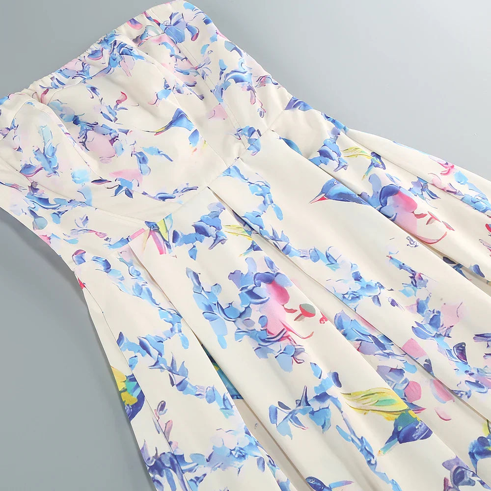 Floral printed strapless back tied rope dress