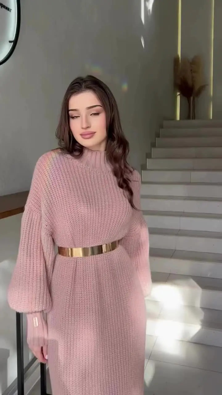 Turtleneck Pullover Solid Sweater Dress With Belt