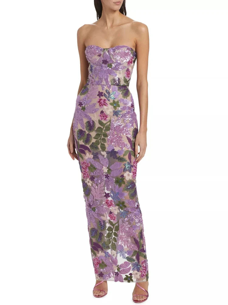Floral-Embellished Sequin Lavender Ankle Length Dress