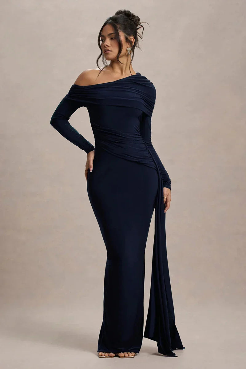 Skew Collar Long Sleeve Maxi Dress