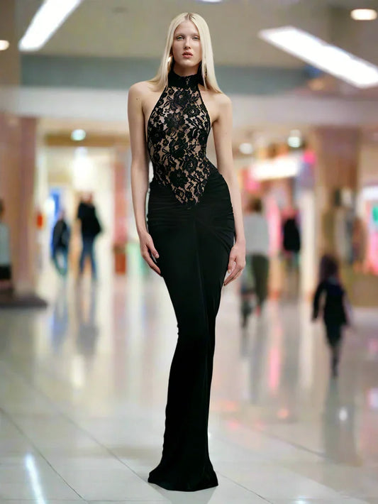 Halter Neck Lace Patchwork Black Maxi Dress
