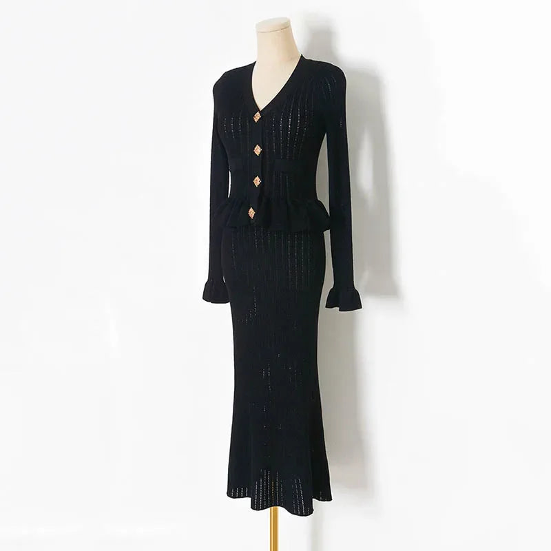 Ruffle Knitted Long Sleeve Mermaid Midi Dress