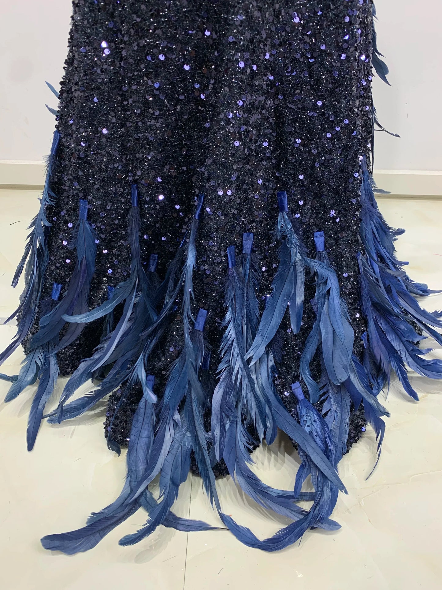 Mesh Sequins Blue Feather Long Dress