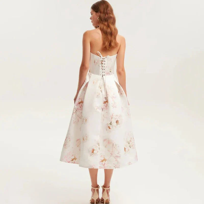Floral printed strapless back tied rope dress