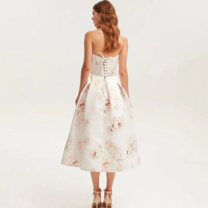 Floral printed strapless back tied rope dress