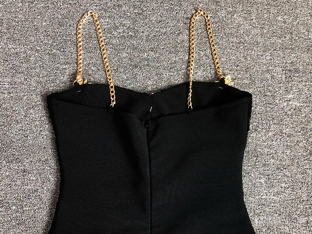 Black Metal Cross Brooch Design Strap Bandage Slit Midi Dress