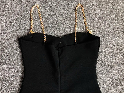 Black Metal Cross Brooch Design Strap Bandage Slit Midi Dress