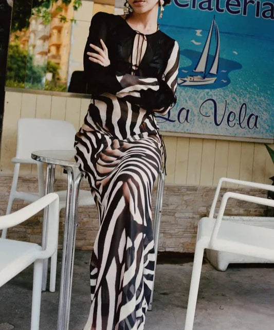 Print Zebra Striped Patchwork Long Sleeves Maxi Dress