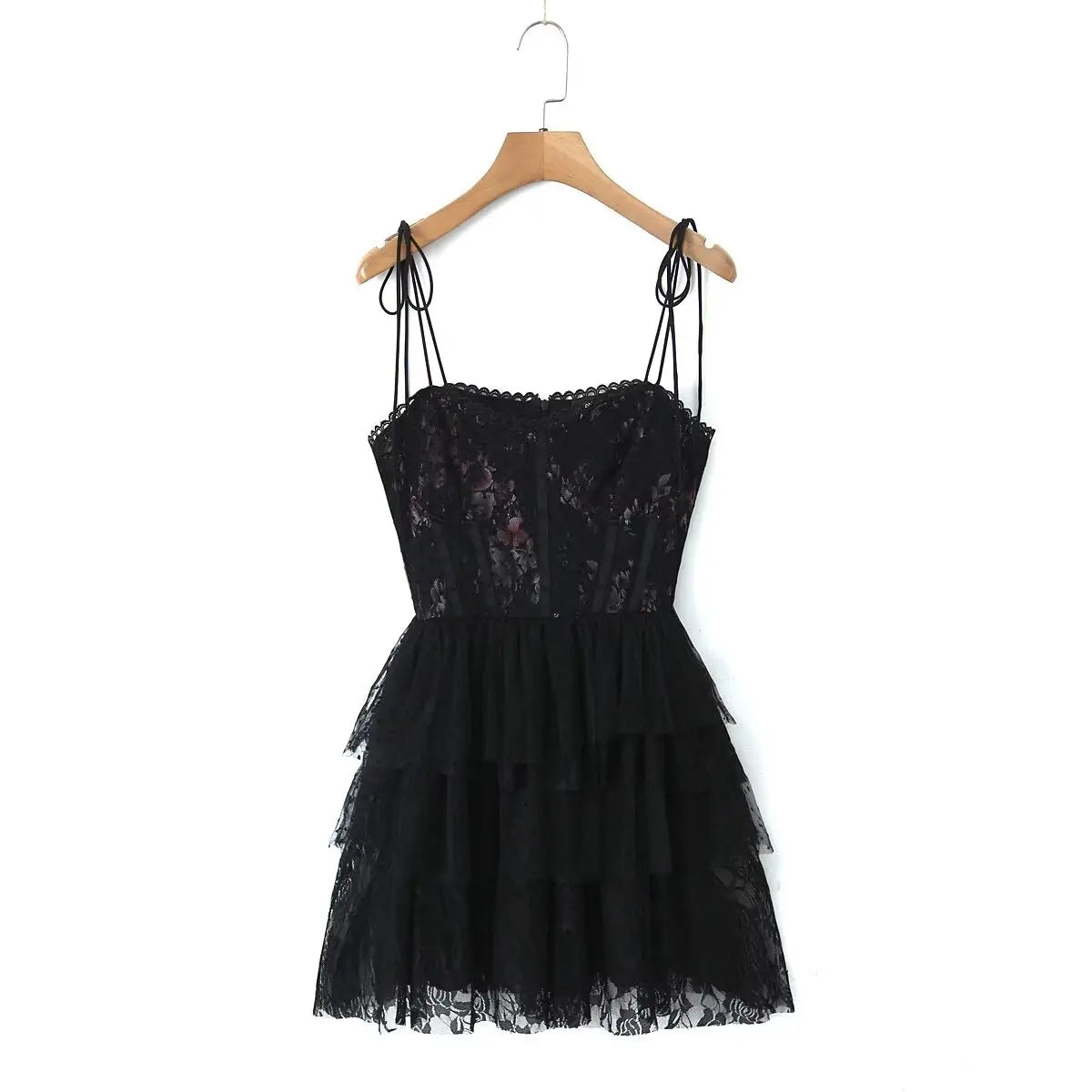 Mesh Bow Lacing up Black Mini Dress