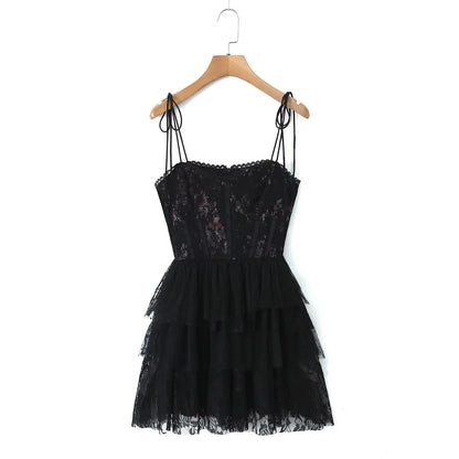 Mesh Bow Lacing up Black Mini Dress