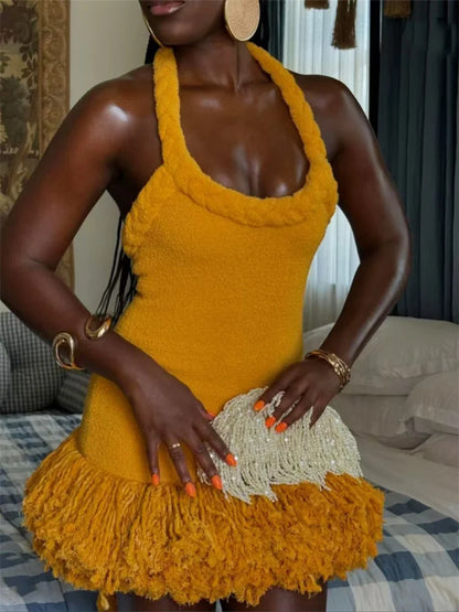 Fluff Patchwork Halter Mini Dress