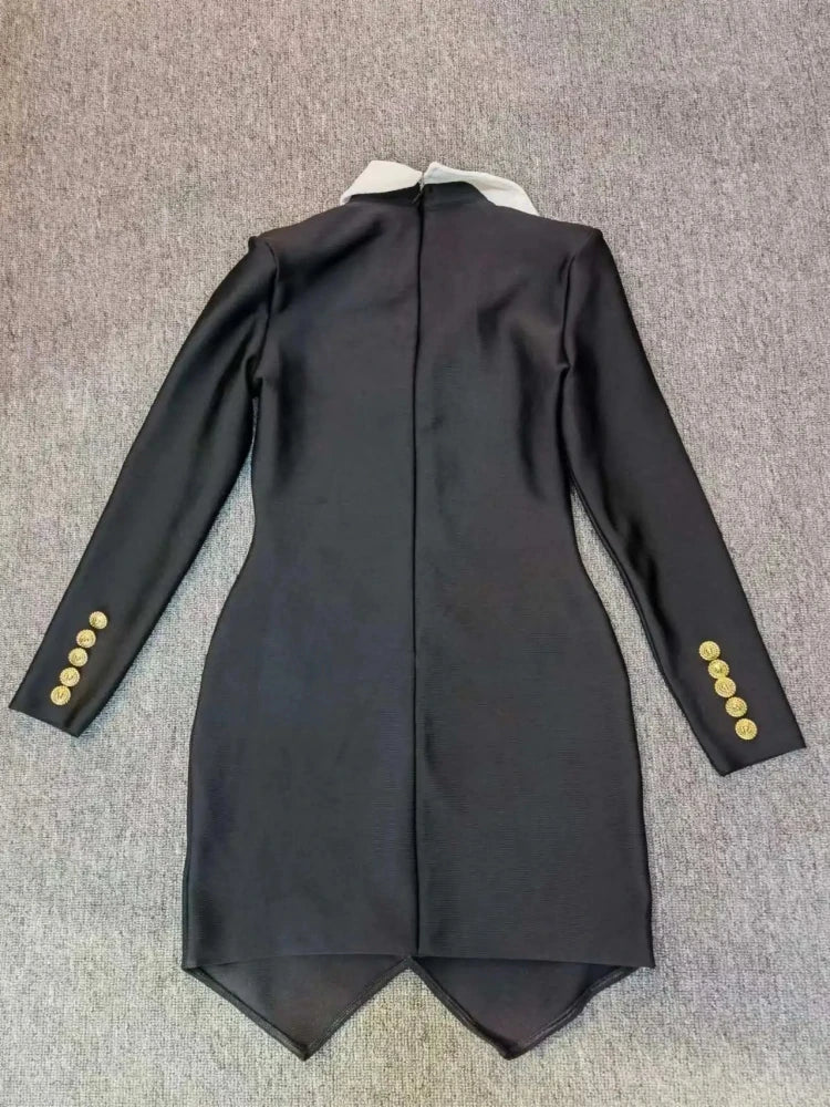 Lapel Buttons Black White Patchwork Mini Dress