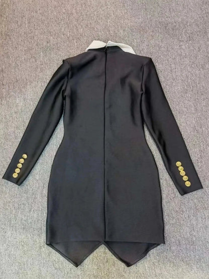 Lapel Buttons Black White Patchwork Mini Dress