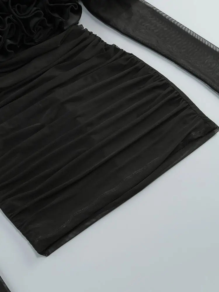 Black Mesh Full Sleeve Ruffles Mini Dress