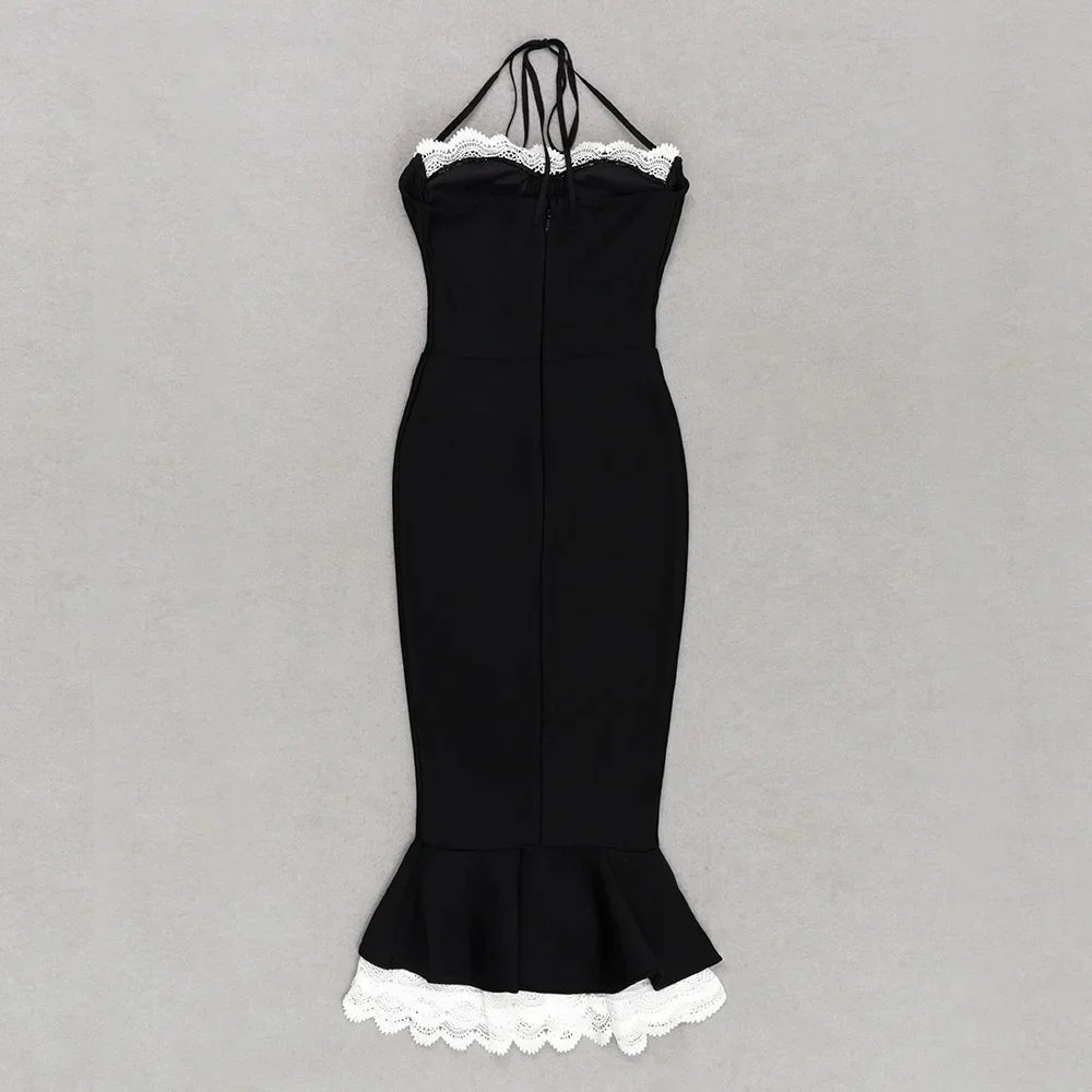 Black Lace Trumpet Spaghetti Strap Midi Dress