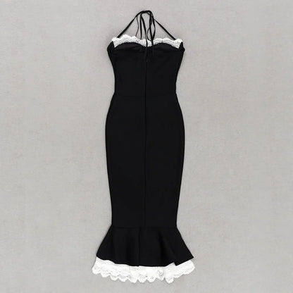 Black Lace Trumpet Spaghetti Strap Midi Dress