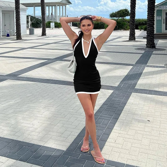 Contrast Open Back Halter Neck Mini Dress