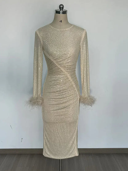 Long Sleeve Feathers Rhinestone Midi Dress